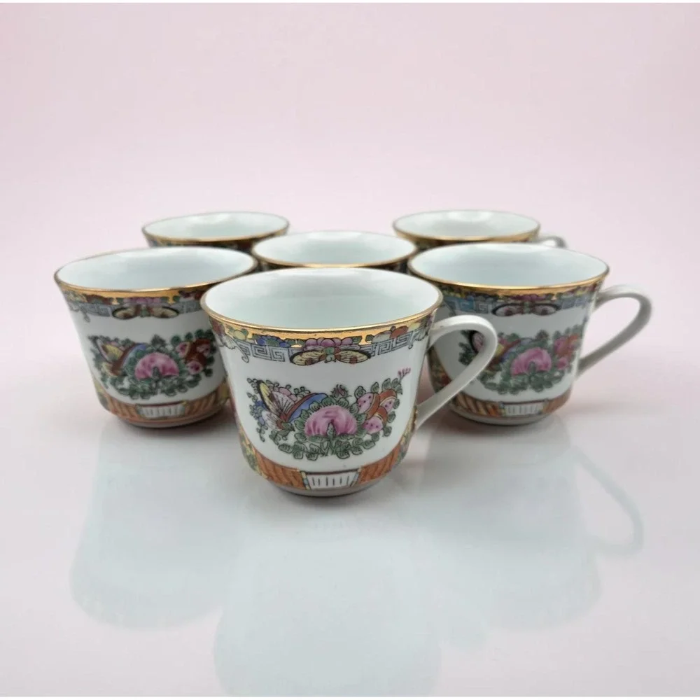 6 Vintage Cantonese Famille Rose Medallion Porcelain Teacups Peonies Butterflies